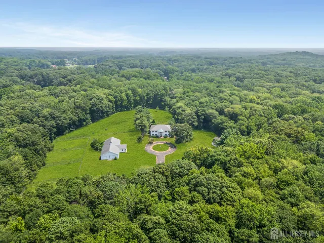 an aerial view of a residential houses with outdoor space and trees all around