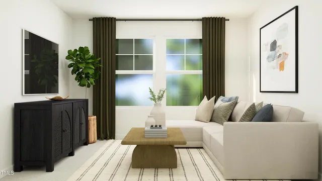 a living room with furniture and a potted plant