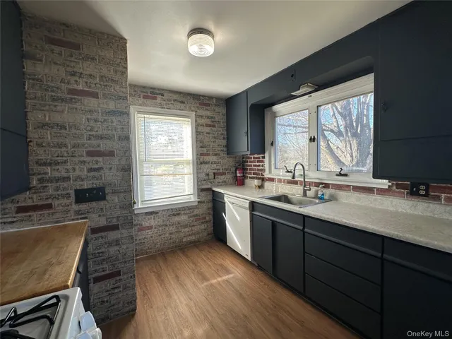 a kitchen with a sink windows and a refrigerator