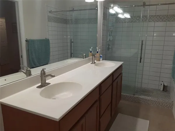 a bathroom with a sink a shower and a mirror