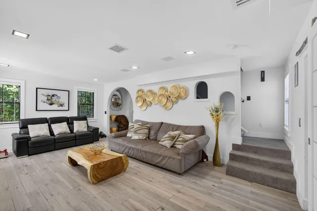 a view of a kitchen and dining area with furniture