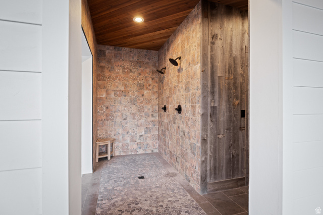 1263 Chapman Court Alpine, UT 84004 - Photo 66 of 83 Full bathroom with wooden ceiling and tiled shower