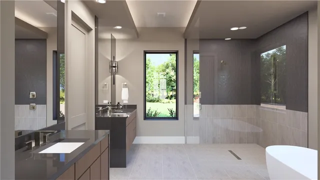 a bathroom with a granite countertop sink a toilet a mirror and shower