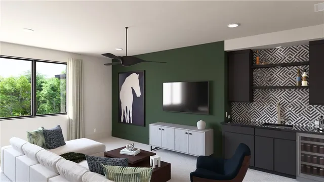 a living room with furniture a large window and a flat screen tv