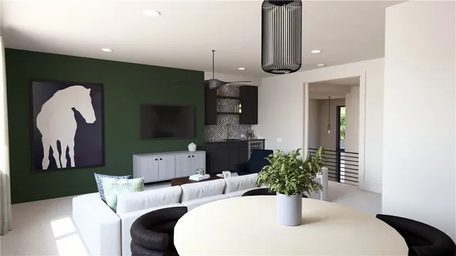 a dining room with furniture and wooden floor