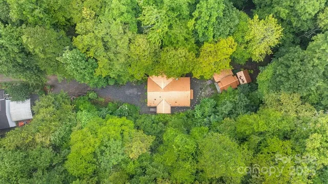 an aerial view of a house with a yard and a large tree
