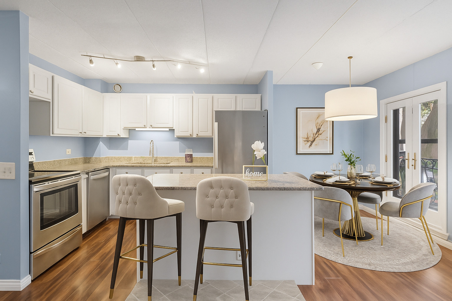 711 West Gordon Terrace, Unit 117 Chicago, IL 60613 - Photo 3 of 20 a kitchen with granite countertop white cabinets and stainless steel appliances
