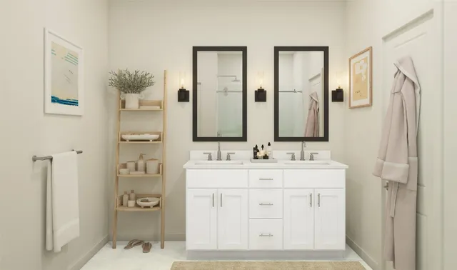 a bathroom with a double vanity sink mirror and double