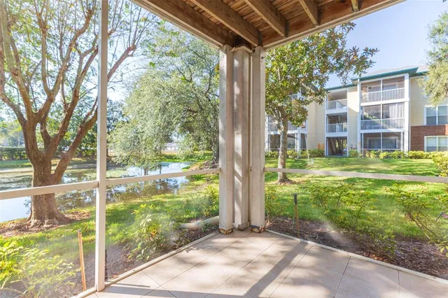 a view of a garden with a large tree