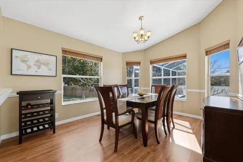a view of a dining room with furniture window and wooden floor