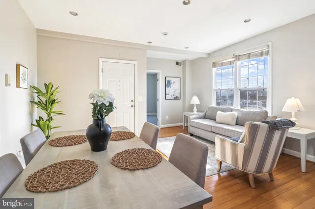 a living room with furniture potted plant and window