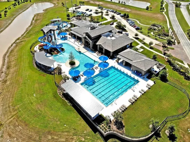 an aerial view of a swimming pool