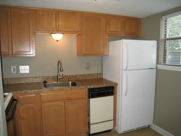 a kitchen with a refrigerator and a sink