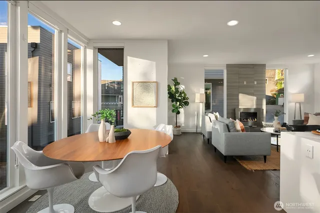 a view of a dining room with furniture