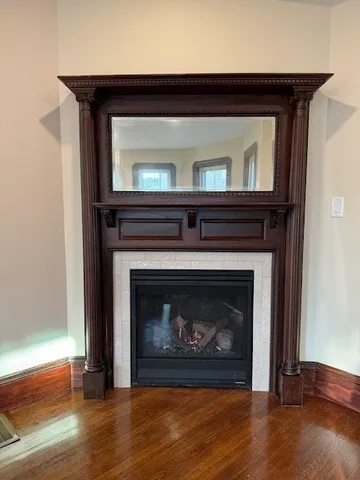 a living room with a fireplace