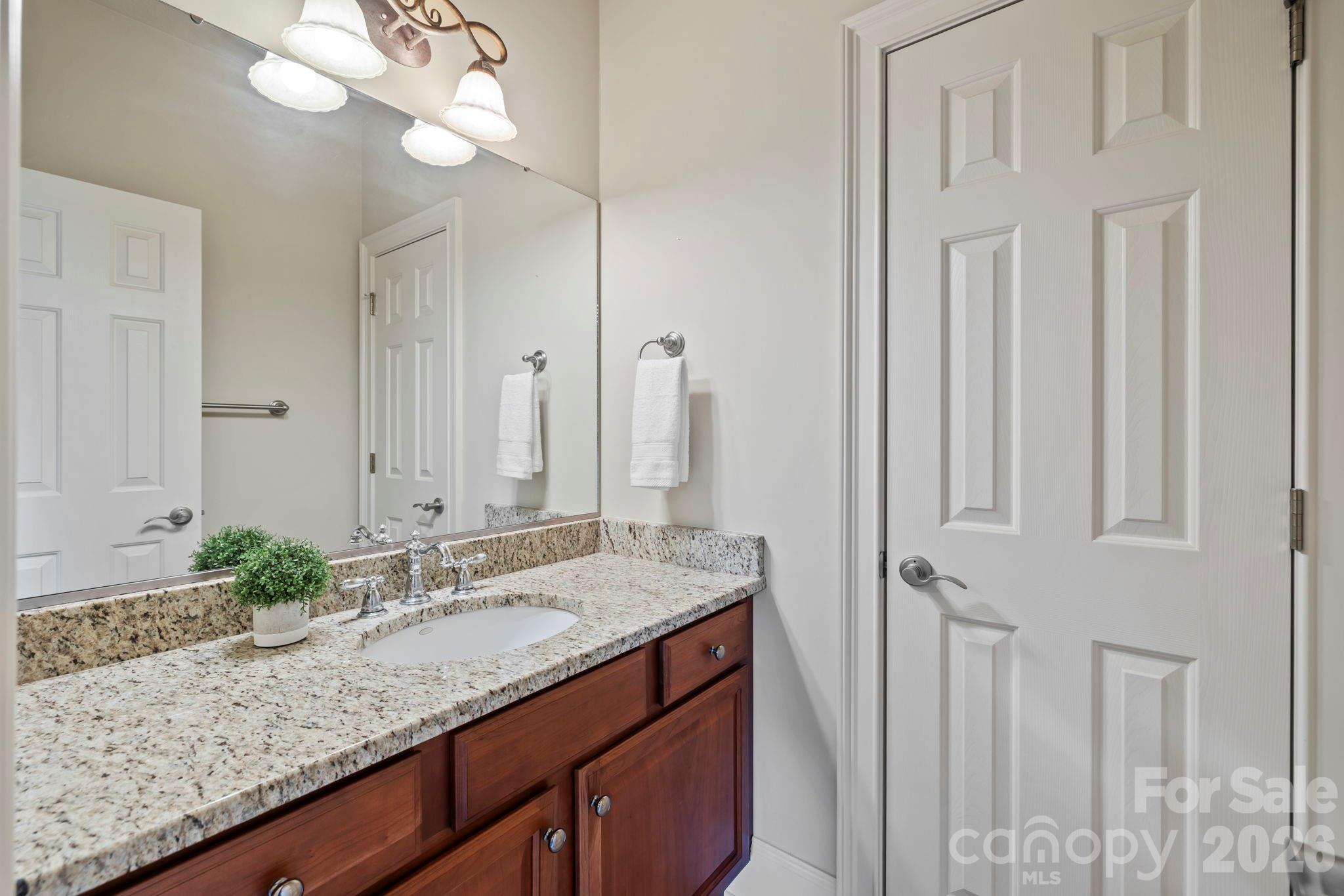 46 Beale Court Fletcher, NC 28732 - Photo 29 of 48 a bathroom with a granite countertop sink and a mirror