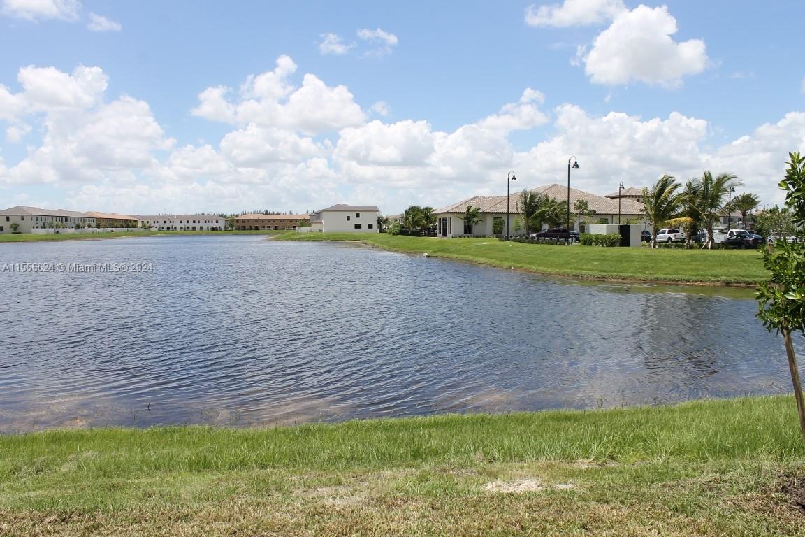 a view of a yard and front view of a lake