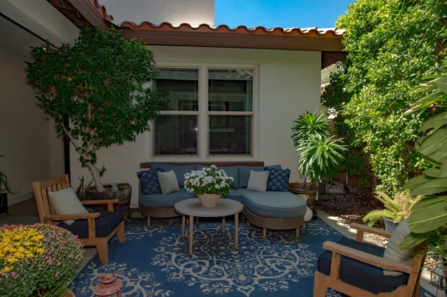 a living room with furniture and a potted plant