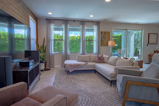 a living room with furniture and a potted plant