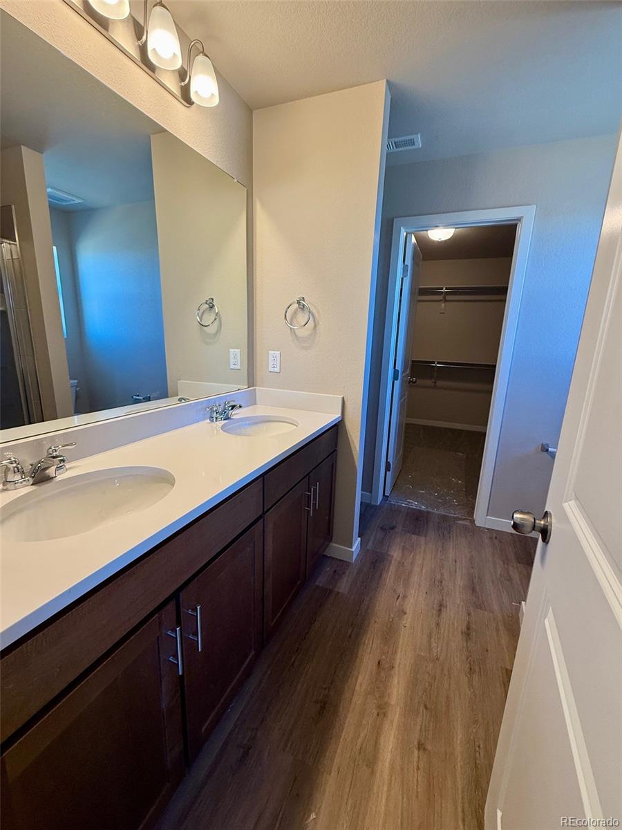 757 North Clubview Street Watkins, CO 80137 - Photo 13 of 24 a bathroom with a double vanity sink and mirror