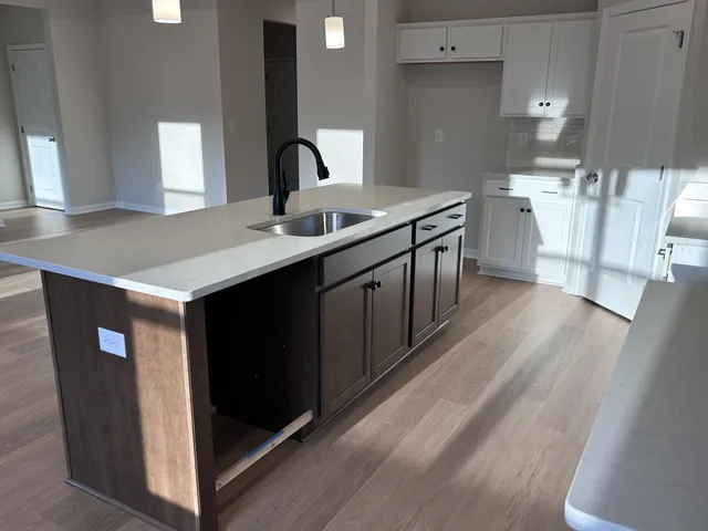 a kitchen with a sink cabinets and wooden floor