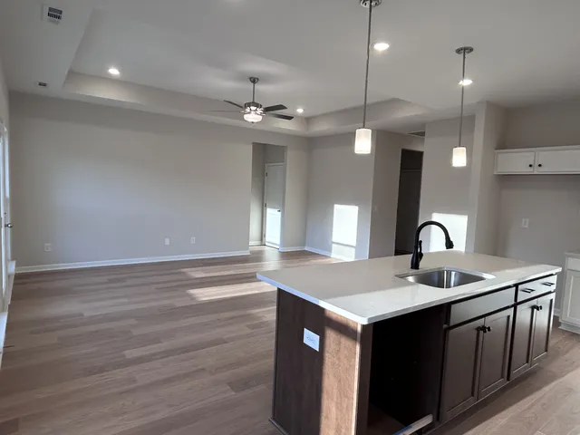 a kitchen with a sink cabinets and wooden floor