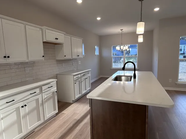 a kitchen with kitchen island a sink appliances and cabinets