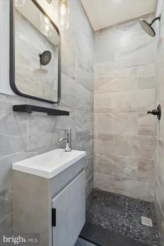 a bathroom with a sink a mirror and a shower