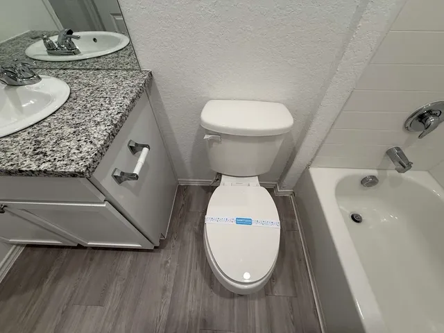 a bathroom with a sink mirror vanity and toilet