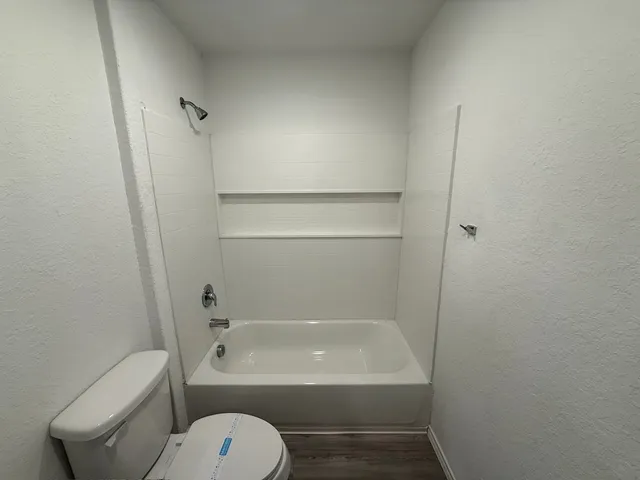 a bathroom with a toilet and a bath tub