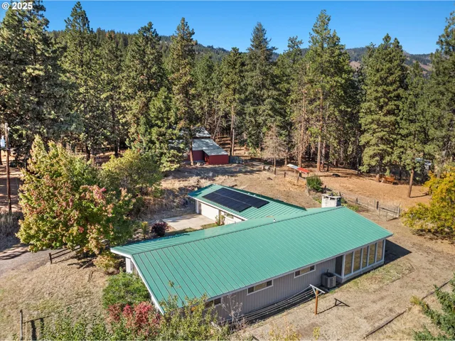 a view of a tennis ground and large trees