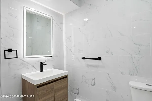 a bathroom with a sink vanity and a toilet