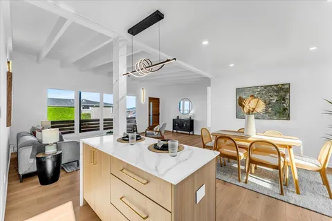 a view of a dining room with furniture and a potted plant