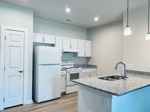a kitchen with a sink a stove a refrigerator and cabinets