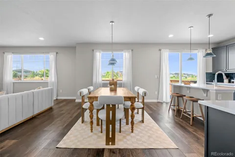 a view of a dining room with furniture window and wooden floor