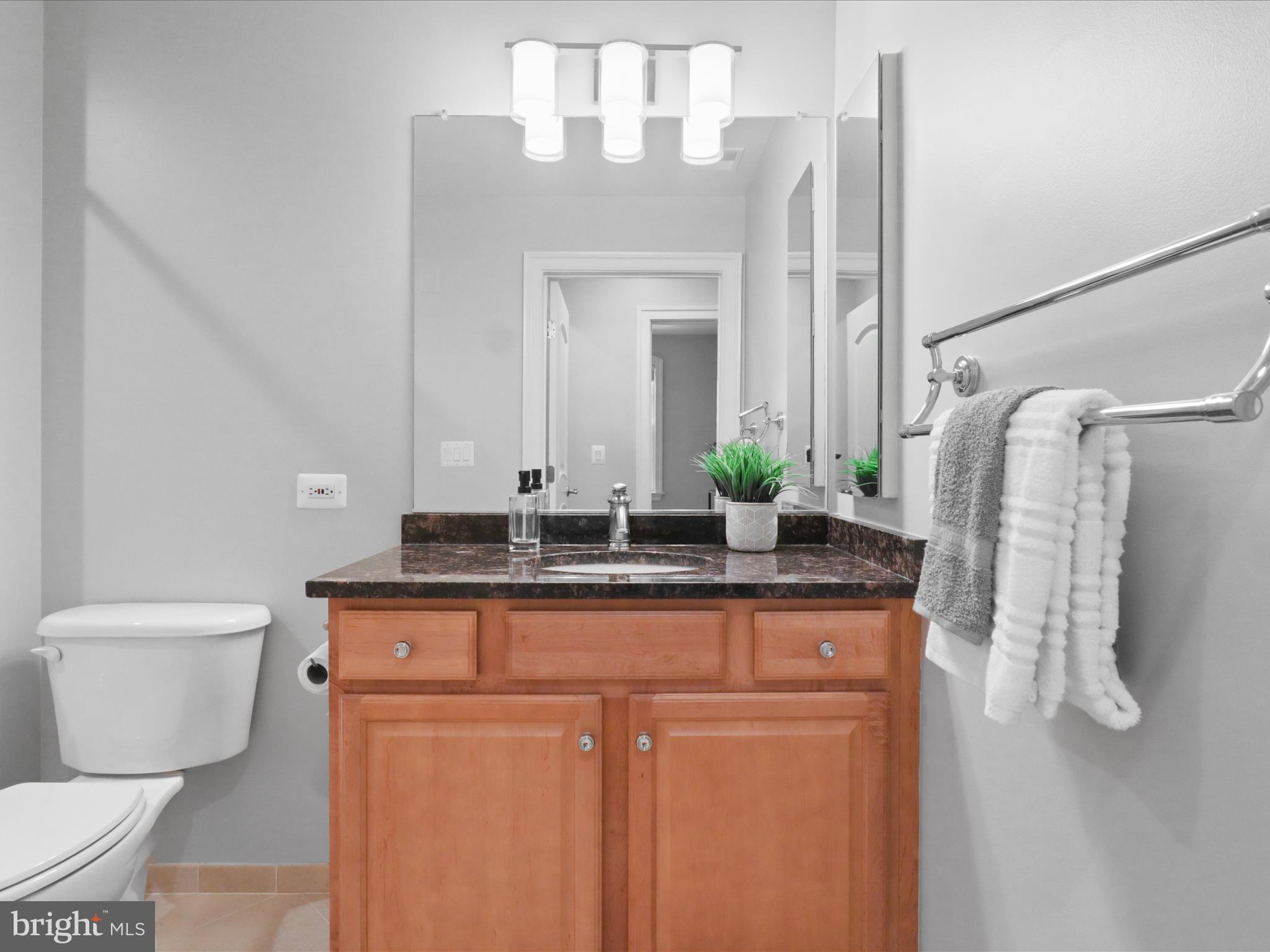 1781 Chain Bridge Road, Unit 303 McLean, VA 22102 - Photo 28 of 56 a bathroom with a granite countertop sink a toilet and a mirror