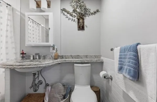 a bathroom with a sink toilet and mirror