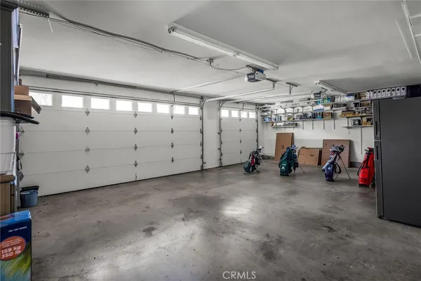 a view of a garage with storage