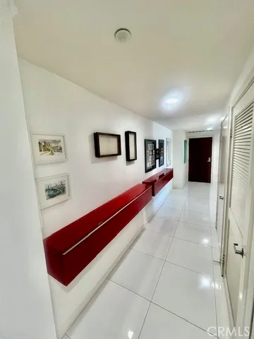 a room with projector and a table