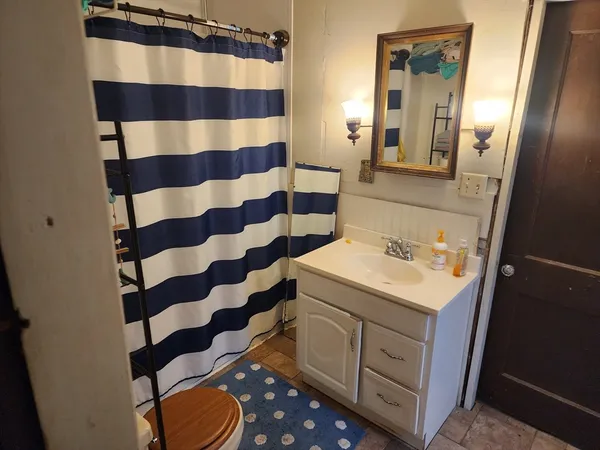 a bathroom with a sink a toilet a mirror and shower curtain