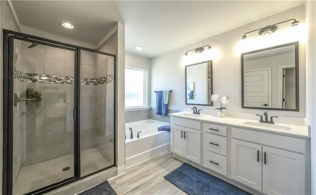 a bathroom with a double vanity sink mirror and shower