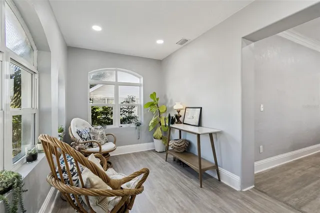 a workspace with furniture and a potted plant