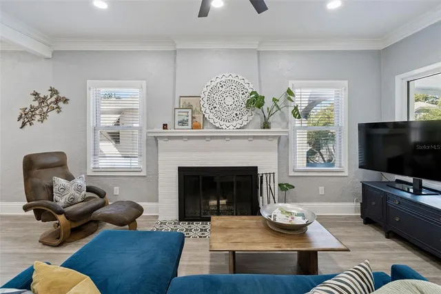 a living room with furniture and a fireplace