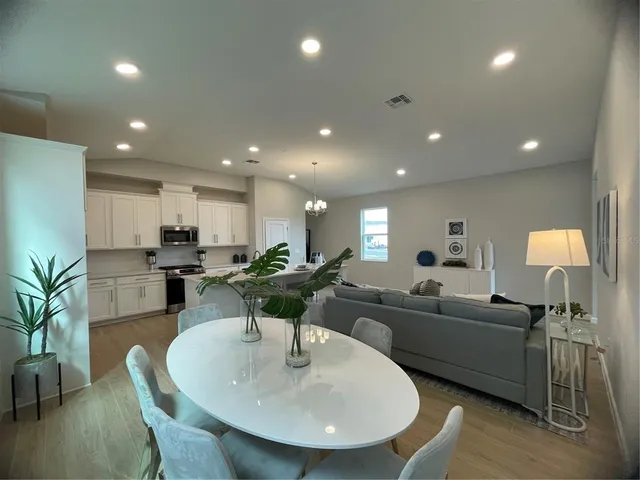 a living room with furniture kitchen view and a potted plant