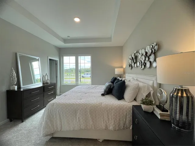 a bedroom with a bed and dresser with mirror