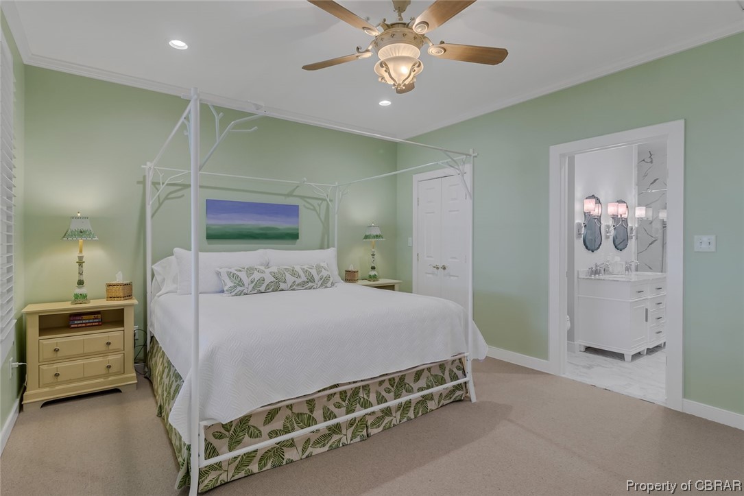 192 Bayberry Point Lane Kilmarnock, VA 22482 - Photo 39 of 49 Carpeted bedroom featuring ornamental molding and ceiling fan