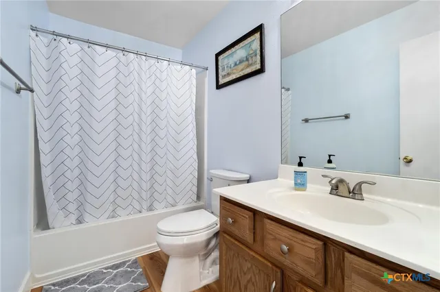 a bathroom with a sink a toilet and shower curtain