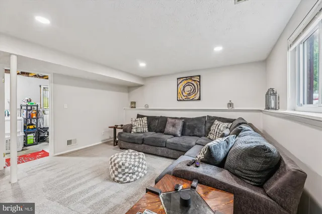 a living room with furniture ceiling fan and a rug