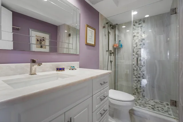 a bathroom with a sink a toilet a shower and a mirror