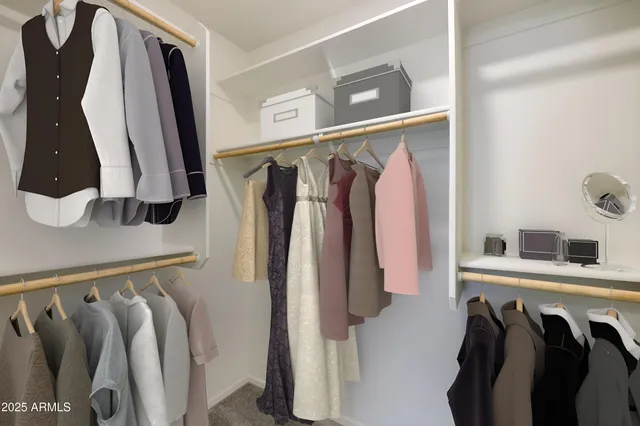 a view of walk in closet with clothes and shoes
